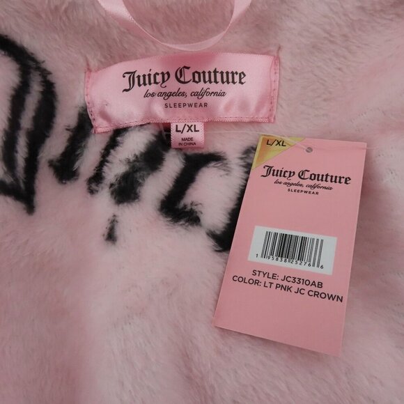 Juicy Couture L/XL Extra Large Pink Black Logo Crown Plush Bathrobe Robe NEW - Picture 7 of 11